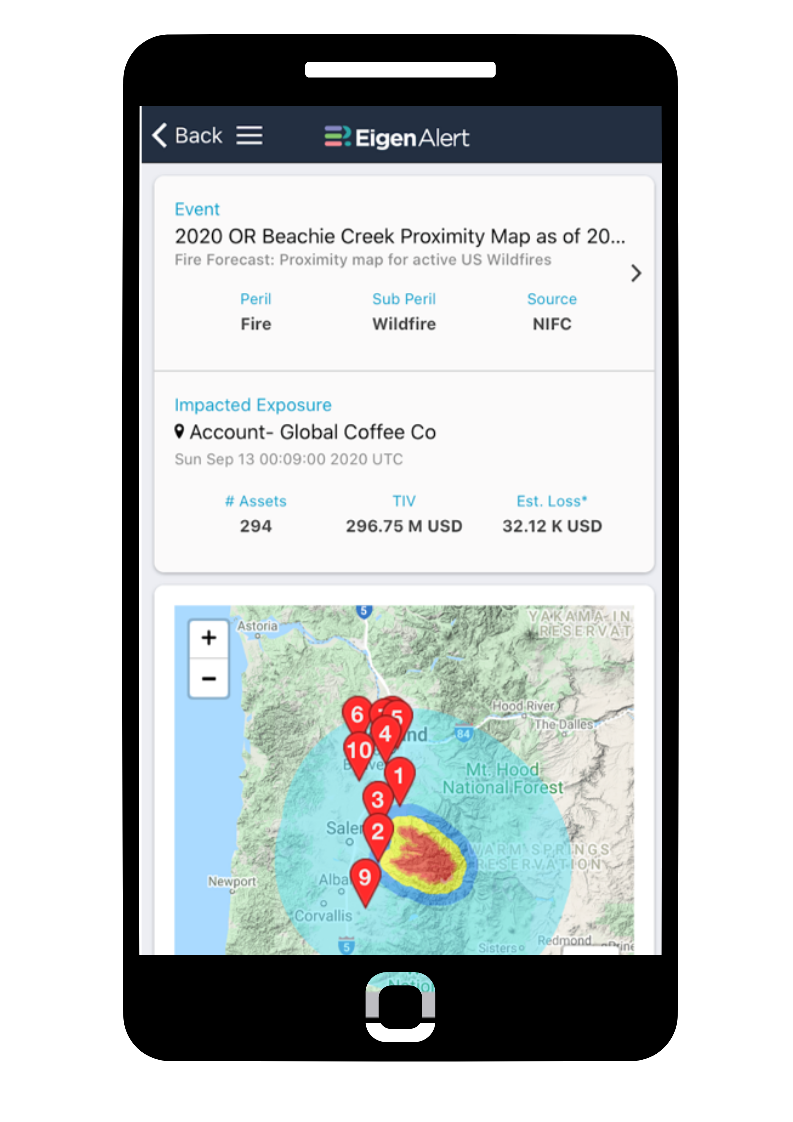 Image of a wildfire proximity alert with details of specific assets impacted
