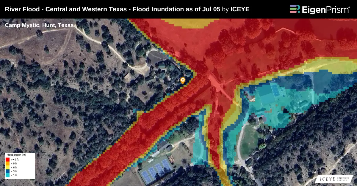 An image depicting the flood inundation depth at Camp Mystic, Texas